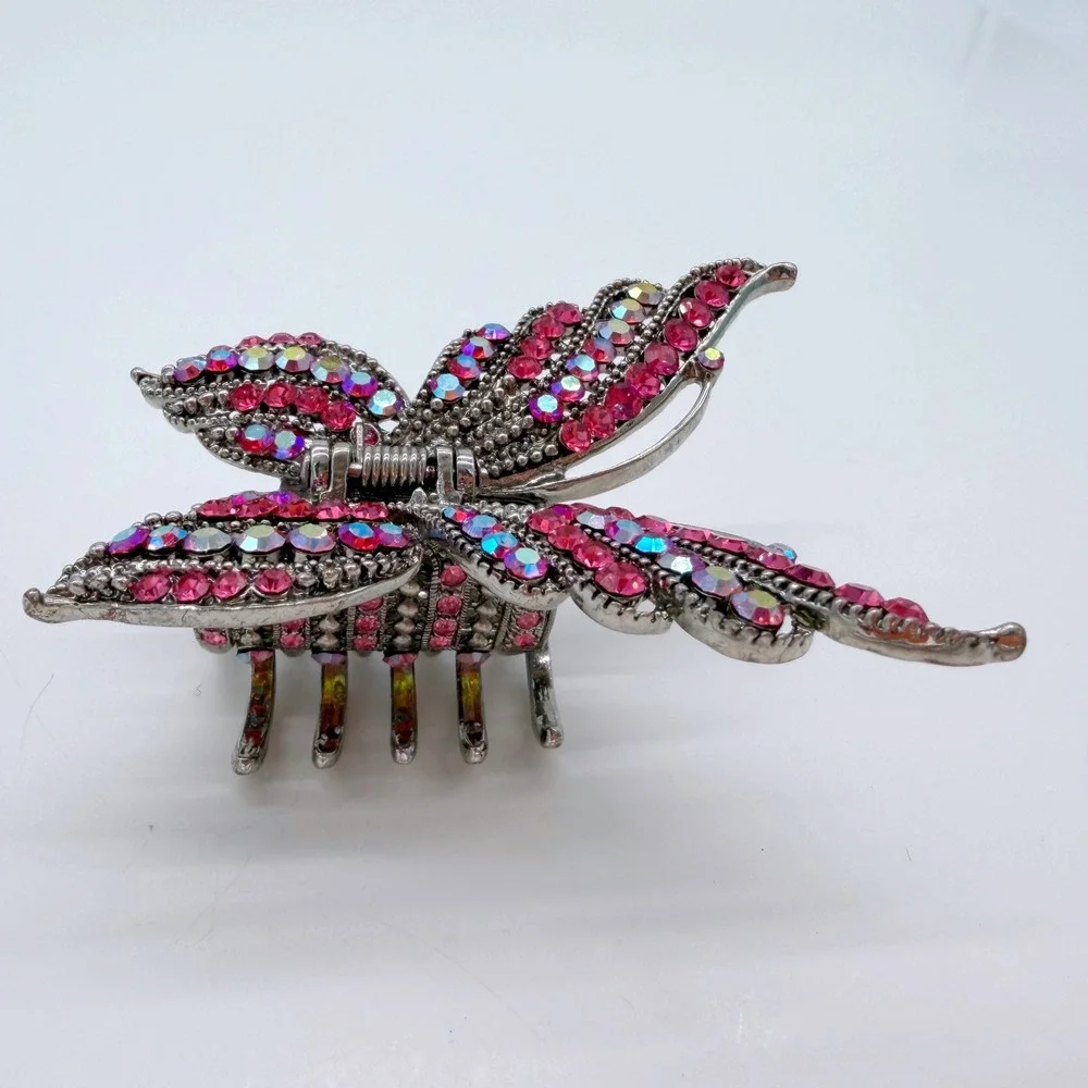Vintage Butterfly Hair Claw Clip Pink AB Rhinestone Silver Tone Y2K